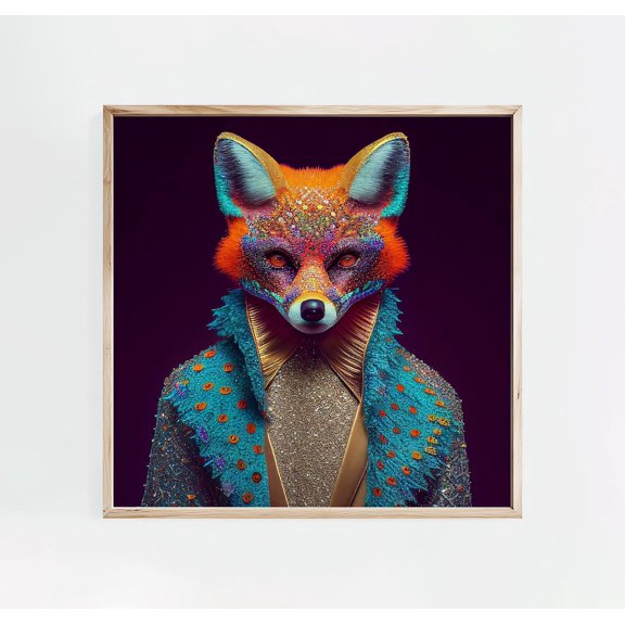Colorful Fox With Jacket And Bow Tie Quirky Animal Portrait Vintage For Poster Unframed Paper Print
