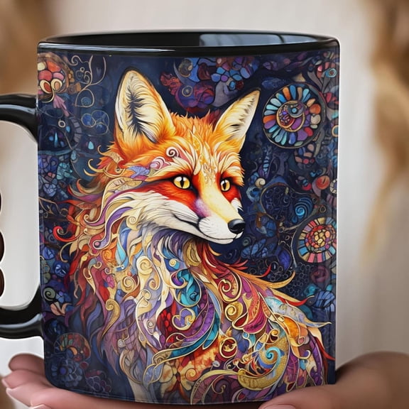 Colorful Fox with Mosaic Pattern Coffee Cup, Tea Mug, Animal Lover Gift, Wildlife Kitchen Decor, Ceramic Drinkware, Nature Inspired Mug