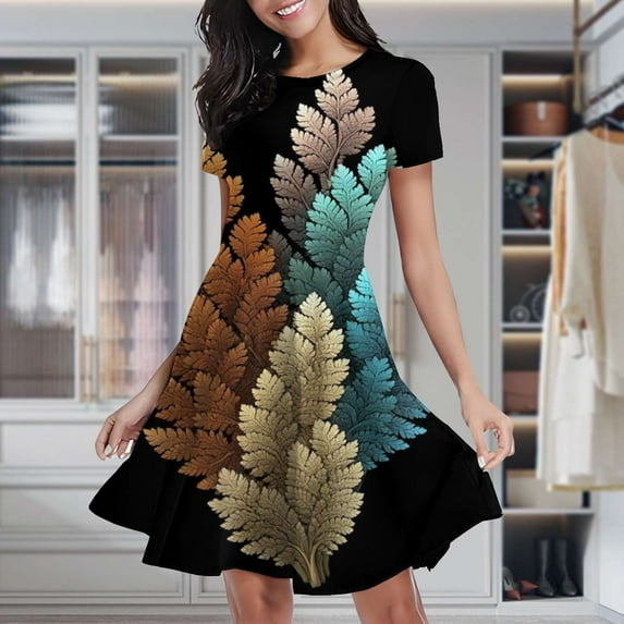 Colorful Fractal Fern Leaves Art Women's Classic Swing Skater Dress Casual Work Party Cocktail Dresses