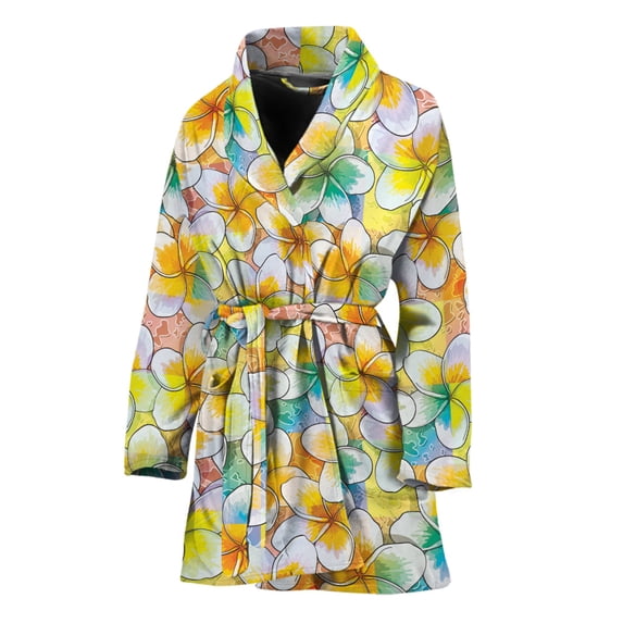 Colorful Frangipani Pattern Women Bathrobe One Size Univeral Fits, Aloha Tropical Hawaiian Frangipani Floral Fashion Lightweight Plush Fleece Long Robe For Women