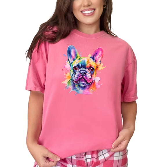 Colorful French Bulldog T-Shirt, Artistic Dog Lover Tee, Unique Pet Lover Clothing, Vibrant Canine Portrait Shirt, Cute Dog Apparel, Crunchberry Comfort Colors T-Shirt, XL