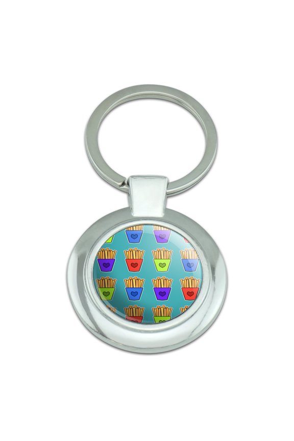 Colorful French Fries Pattern Keychain Classy Round Chrome Plated Metal