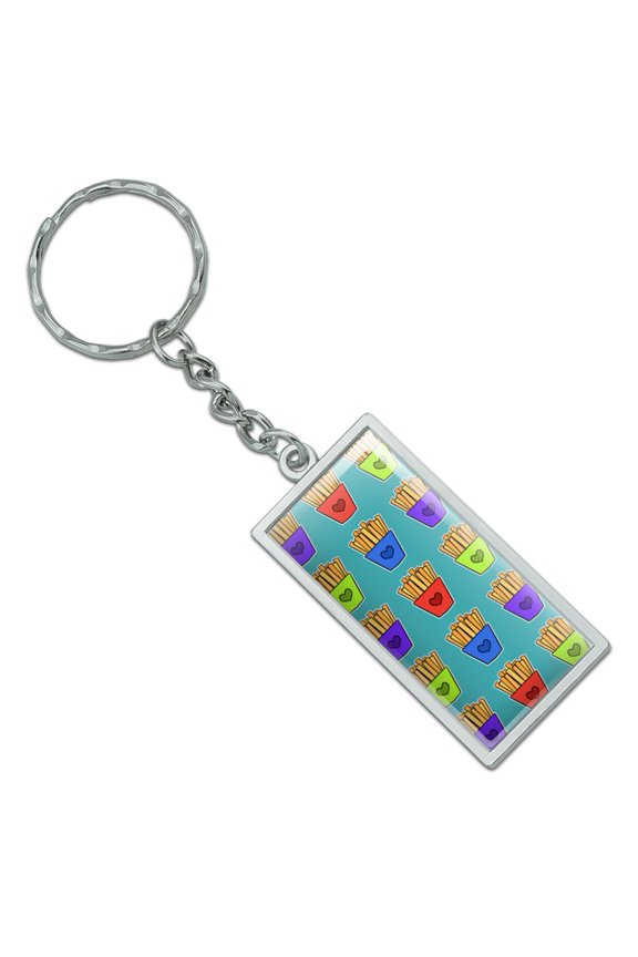 Colorful French Fries Pattern Rectangle Keychain in Chrome Plated Metal