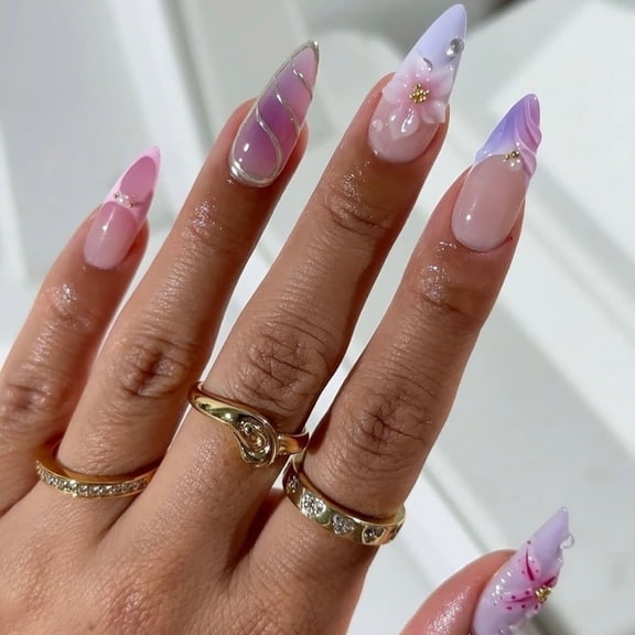 Colorful French Tip Press on Nails - Medium Almond Fake Nails with 3D Flower Ocean Designs, Glossy Finished Reusable False Nails with Adhesive Glue Tabs - 24Pcs Nail Kit for Women Manicure
