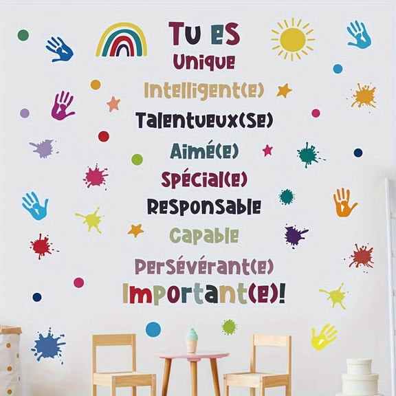 Colorful French inspirational slogan wall stickers, rainbow palm print decorative stickers for bedrooms and living rooms