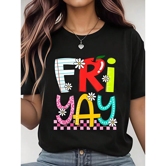 Colorful Friday YAY Letter Daisy Flower Checkered Pattern Vintage Grunge Y2K Graphic Crewneck Cotton Unisex Tee Shirt