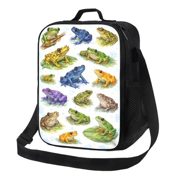 Colorful Frog Collection Lunch Bag Insulated Thermal Box with Shoulder Strap & Handle for Work and Picnic