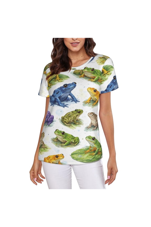 Colorful Frog Collection T-Shirt Crew Neck Short Sleeve Full-Print for Women