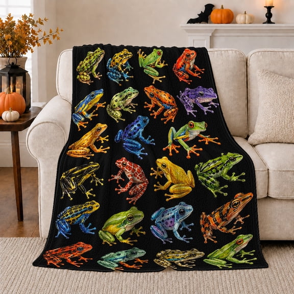 Colorful Frog Grid Pumpkins Bat, Festive autumn celebration Scene, Warm Flannel Blanket for Living Room and Family Room with Detailed Artwork, Art Lovers autumn celebration Gift, Festive Home Decor