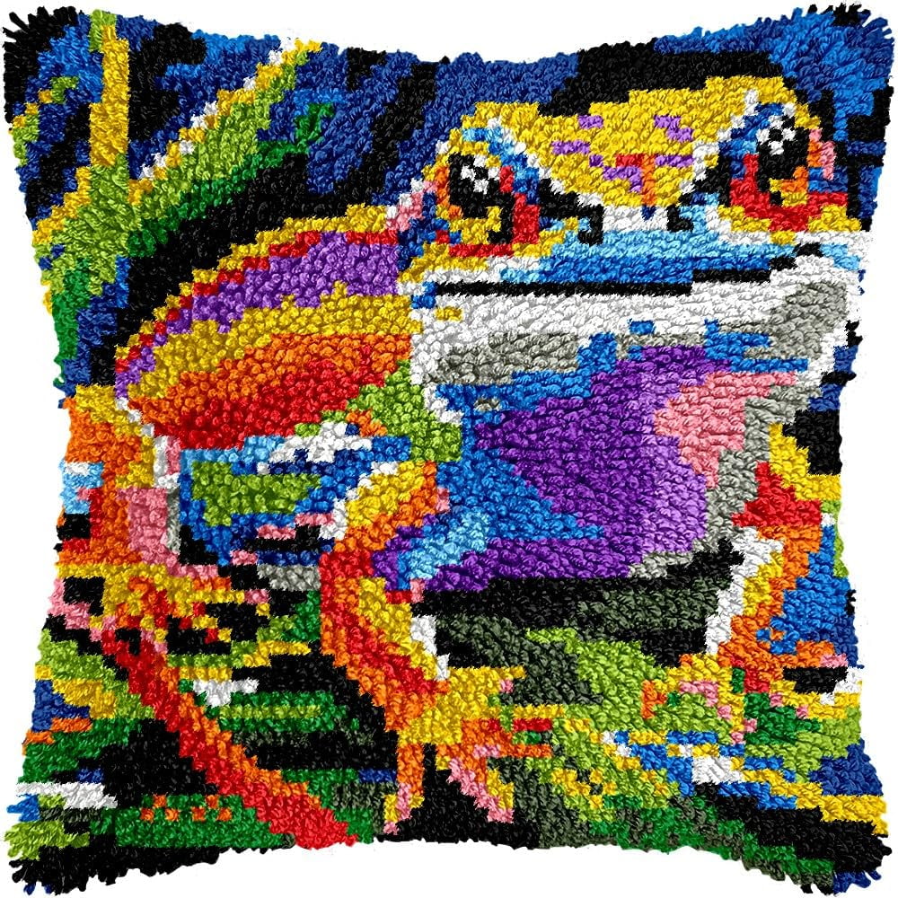 Colorful Frog Latch Hook Pillow Kits Pillow Cover Latch Hook Crafts Crochet Knitted Hooking Pillowcase Cushion Crafts Embroidery Latch Hooking Kits Material Set 17x17 inch(185)