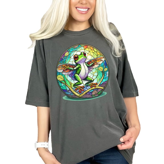 Colorful Frog Stained Glass Art T-Shirt, Unique Animal Design, Vibrant Frog Print, Artistic Tee, Nature Inspired Frog Shirt, Gift Idea, Pepper Comfort Colors T-Shirt, XL