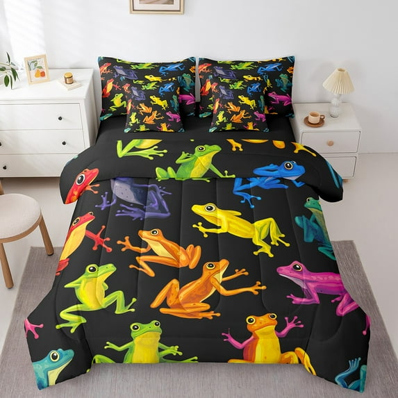 Colorful Frog Twin Comforter Set 7 Piece Cartoon Frogs Bedding Set Tropical Animal Bed In A Bag Animal Room Decor,Wildlife Lightweight Bed Set
