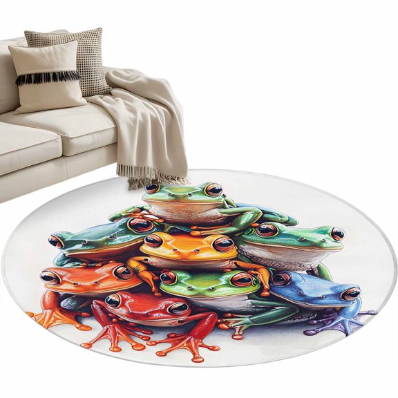 Colorful Frogs Area Rug, Overlay Frog Washable Large Circle Carpet, Non Slip Round Rug for Living Room/Bedroom/Dining Room/Home Office/Dorm