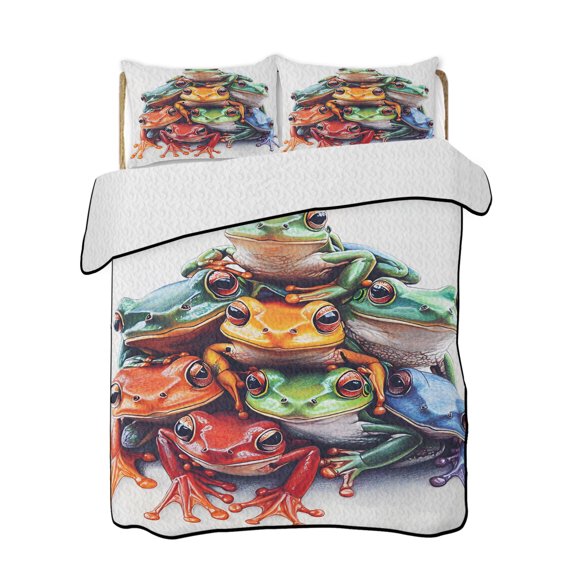 Colorful Frogs Quilts Bedding Set Queen Size Overlay Frog Lightweight Quilted Bedspread 3 Piece Bed Quilt with 2 Pillow Shams All Season for Bedroom 78" x 90"