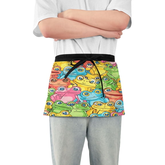 Colorful Frogs Server Apron with 3 Pockets Waterproof Waitress Waist Short Apron for Man Woman 12 Inches