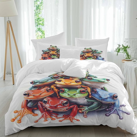 Colorful Frogs Twin Duvet Cover Set, Overlay Frog 4 Piece Microfiber Bedding Set with Zipper Closure, Bed Sheet and 2 Pillow Shams, Soft Bedding Cover