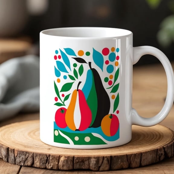 Colorful Fruit Art Mug Modern Abstract Kitchen Cup 0 ml Ceramic Coffee Mug Bold Pear Tomato Vibrant Foodie Gift.