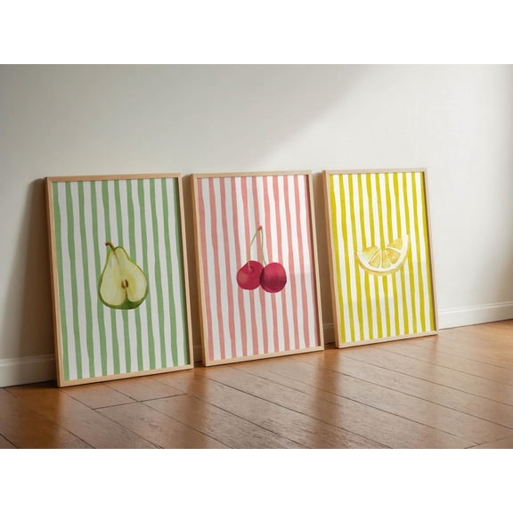 Colorful Fruit Print Retro Kitchen Wall Art Set 3 Unframed Paper Print 8x12