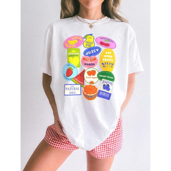 Colorful Fruit Sticker Graphic Tee Vintage Produce Label Collage Shirt Summer Market Aesthetic Citrus Berry Illustration Comfort Colors Unisex Cotton T-Shirt, Sizes S-3XL