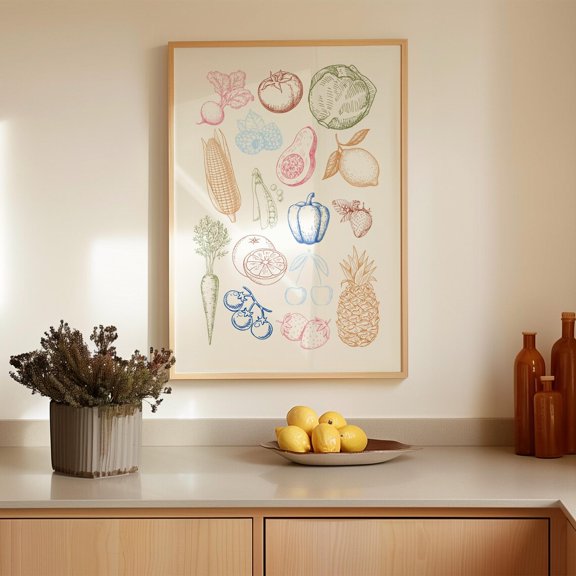 Colorful Fruit Vegetable Kitchen Print Farmhouse Wall Art Decor, Stretched Canvas 8x10in