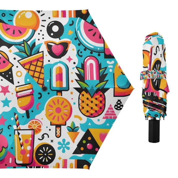 Colorful Fruit and Ice Cream Compact Sun Umbrella Windproof Travel Umbrellas for Rain Strong Portable UV Protection