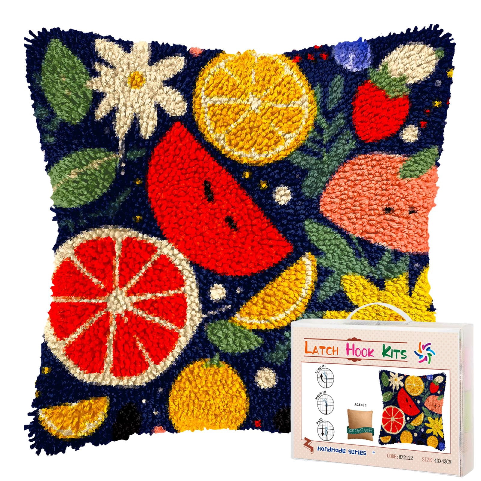 Colorful Fruits DIY Latch Hook Pillow Kits for Adults Printed Pillowcase Crochet Yarns Hooking Handmade Pillow Cover Cushion for Home Sofa Decoration 17x17inch
