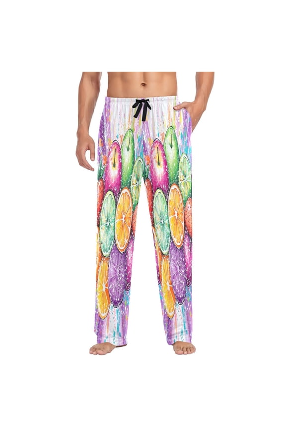 Colorful Fruits Pattern Mens Cotton Pajama Pants Long Staple Lightweight Sleep Bottoms with Pockets Breathable