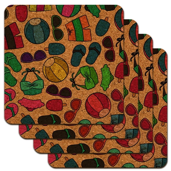 Colorful Fun Summer Beach Pattern Low Profile Novelty Cork Coaster Set