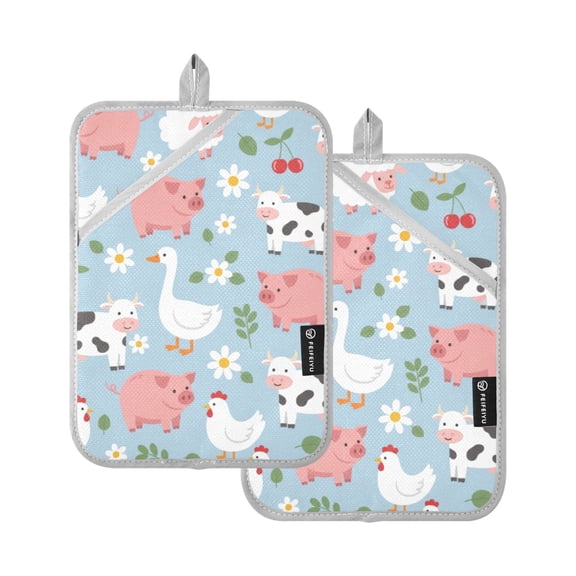 Colorful Funny Cute Farm Animals Pot Holder Set 2 Piece Non-Slip Oven Hot Pads Heat Resistant Durable 7x9.8in