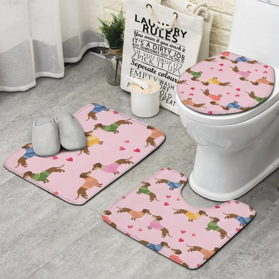 Colorful Funny Dachshund Bathroom Rugs Sets 3 Piece,Toilet Cover Set,Absorbent Non Slip Bathroom Mats Sets with U-Shaped Contour Rug Toilet Rug Set