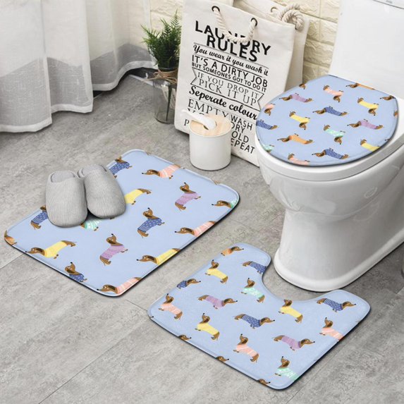 Colorful Funny Dachshund Bathroom Rugs Sets 3 Piece,Toilet Cover Set,Absorbent Non Slip Bathroom Mats Sets with U-Shaped Contour Rug Toilet Rug Set