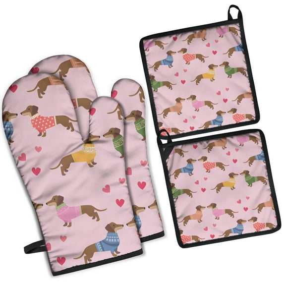 Colorful Funny Dachshund Kitchen Oven Mitt and Pot Holder Sets 2 Pcs for Baking, Cooking and Grilling, Heat Resistant Up To 392 °F