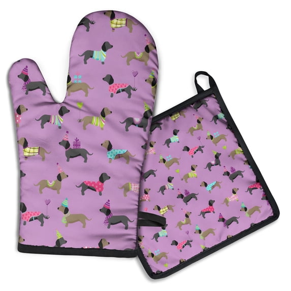 Colorful Funny Dachshund Kitchen Oven Mitt and Pot Holder Sets 2 Pcs for Baking, Cooking and Grilling, Heat Resistant Up To 392 °F