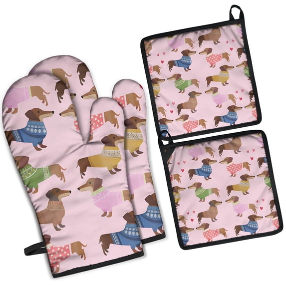Colorful Funny Dachshund Kitchen Oven Mitt and Pot Holder Sets 4 Pcs for Baking, Cooking and Grilling, Heat Resistant Up To 392 °F