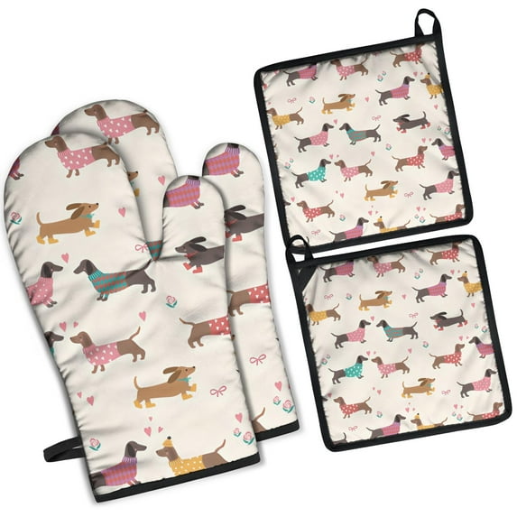 Colorful Funny Dachshund Kitchen Oven Mitt and Pot Holder Sets 4 Pcs for Baking, Cooking and Grilling, Heat Resistant Up To 392 °F