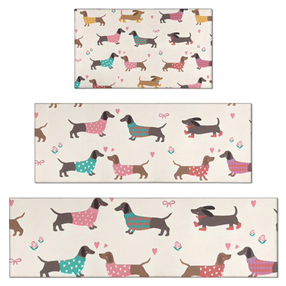 Colorful Funny Dachshund Kitchen Rugs Sets Of 3,Kitchen Runner Rugs Non Skid Washable,Decorative Kitchen Floor Mats for Kitchen,Sink,Laundry,17"x30"+ 17"x47" + 17"x59"