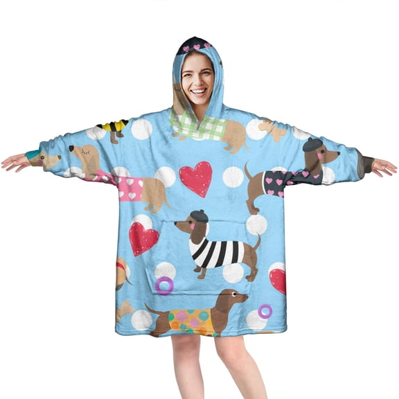 Colorful Funny Dachshund Wearable Oversized Blanket,Wearable Blanket Hoodie for Adults,Cozy Hooded Blankets with Super Pockets,Super Warm Fuzzy Pullover for Women & Men