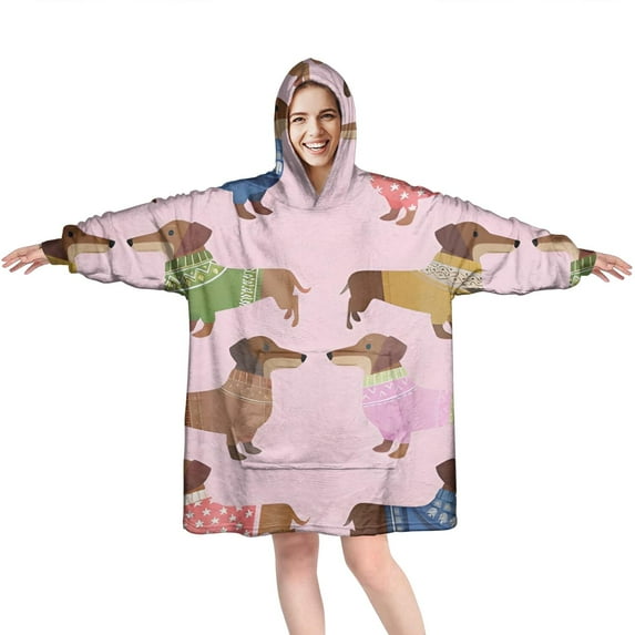 Colorful Funny Dachshund Wearable Oversized Blanket,Wearable Blanket Hoodie for Adults,Cozy Hooded Blankets with Super Pockets,Super Warm Fuzzy Pullover for Women & Men