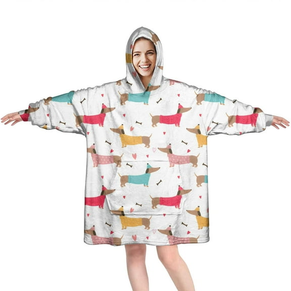 Colorful Funny Dachshund Wearable Oversized Blanket,Wearable Blanket Hoodie for Adults,Cozy Hooded Blankets with Super Pockets,Super Warm Fuzzy Pullover for Women & Men
