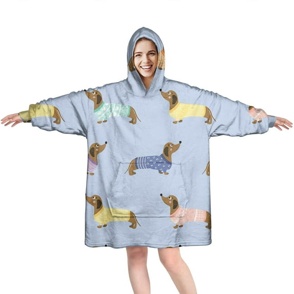 Colorful Funny Dachshund Wearable Oversized Blanket,Wearable Blanket Hoodie for Adults,Cozy Hooded Blankets with Super Pockets,Super Warm Fuzzy Pullover for Women & Men