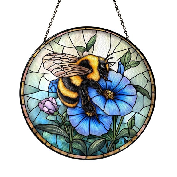Colorful Fuzzy Bee Blue Morning Glory Suncatcher Panel Display Glass