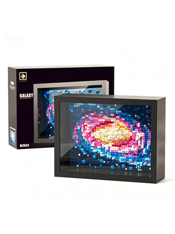 Colorful Galaxy 3D Building Blocks Art Frame, Cosmic Nebula Brick Mosaic with Dustproof Display Cover, Wall & Tabletop DIY Assembly Space Decor Toy for Adults Ages 14+