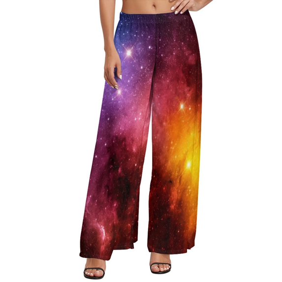 Colorful Galaxy Pants Elastic Waist Green and Blue Elegant Trousers Streetwear Design Wide Pants