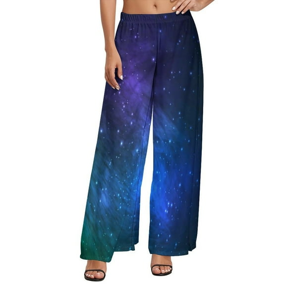Colorful Galaxy Pants Elastic Waist Green and Blue Elegant Trousers Streetwear Design Wide Pants