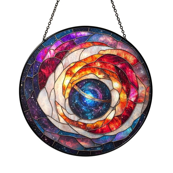 Colorful Galaxy Stained Glass Suncatcher Window Hanging Decor, Cosmic Nebula and Comet Art Glass Panel, Starry Sky Design Decorative Window Ornament for Celestial Home Gift
