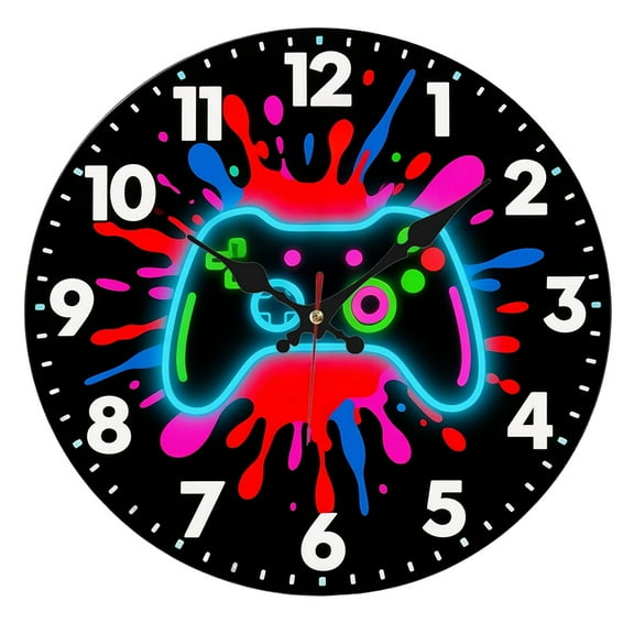 [Colorful Game Clock] 10" Inch Colorful Game Controller Art Wall Clock,  Wooden Round Wall Clock with Digital Display | Battery Operated Wall Clocks for Bathroom Bedroom Living Room Office Decor (AA N
