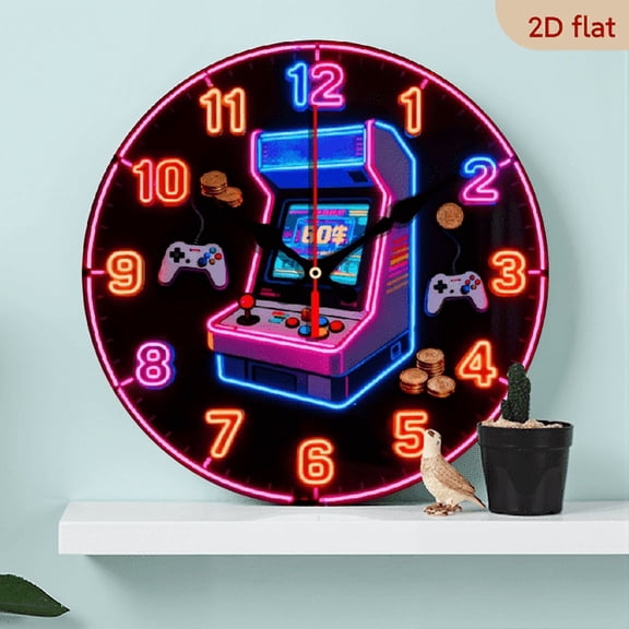 Colorful Game Console 2D Flat MDF Wood 10in Round Wall Clock, Silent Non-Ticking Battery Operated, Bedroom Living Room Office Home Decor Art, Ideal Gift for Christmas and New Year