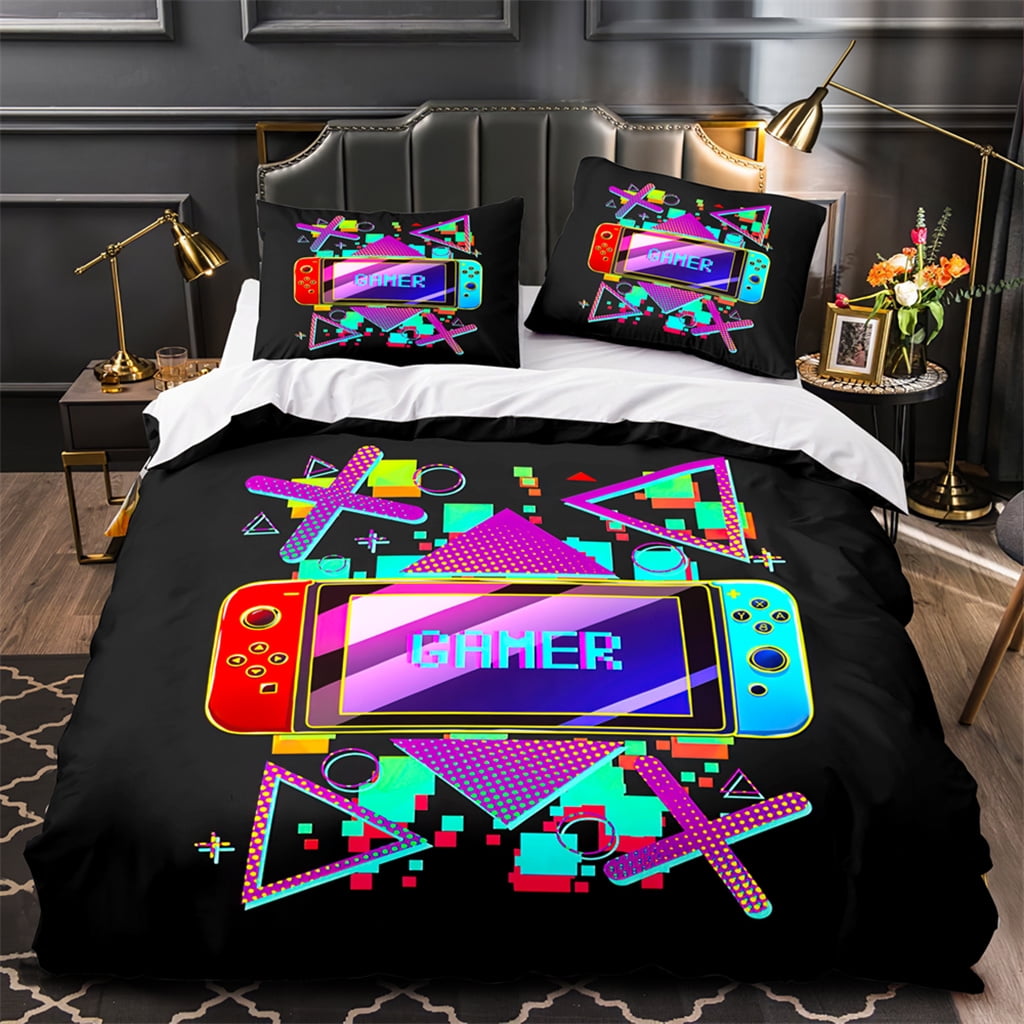 Comforter Set Queen Size, Game Retro Gamepad Gaming Bedding Set for Kids  and Adults Bedroom Decor, Vintage Colorful Kids Comforter Set and 2 Pillow