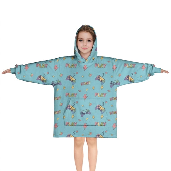 Colorful Games Controller Blue Pattern Blanket Hoodies for Kids 6-13YR Oversize Wearable Blanket Hoodies for Boys Girls Teens