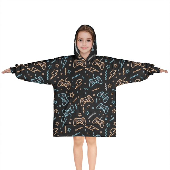Colorful Games Element Black Pattern Blanket Hoodies for Kids 6-13YR Oversize Wearable Blanket Hoodies for Boys Girls Teens